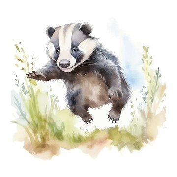 Cute badger cartoon in watercolor painting style