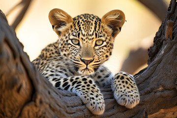 a baby leopard sitting in a tree looking at the camera with its paws on it's head and eyes