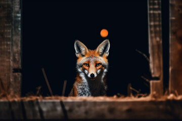 Fox looking into a chicken coop at night, Generative AI