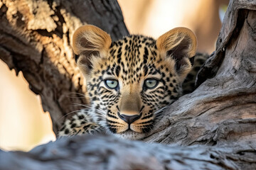 Fototapeta premium a young leopard cub in a tree looking at the camera with its eyes open and it's head peeking out