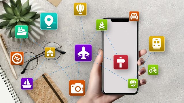 Mobile Phone with Travel Applications and Icons. Online Travels Services on smartphone holding by Female hand Close up animation 