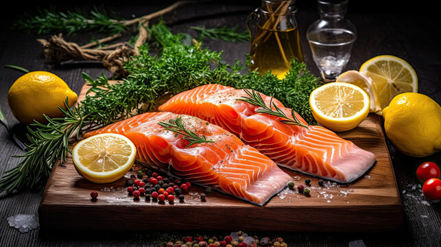 salmon on a wooden cutting board with lemons, herbs and spices in the image is taken from above it