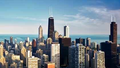 Fototapeta na wymiar Urban skyline and cityscape of Chicago The sea and the sky are both blue