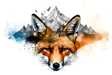 A beautiful fox illustration set against a stunning mountain backdrop ai