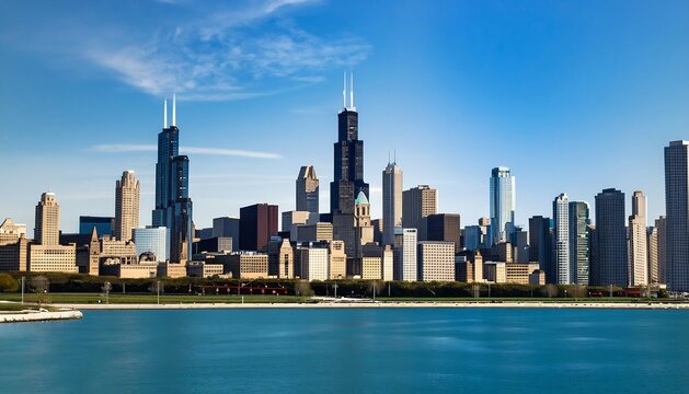 A clear view of the Chicago skyline in the city's surroundings an ocean and a clear sky