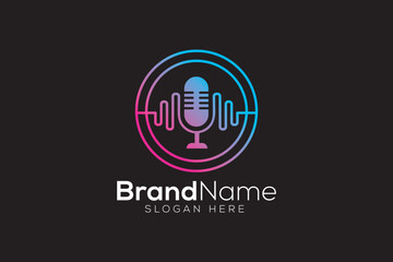 Microphone with colorful sound waves logo design template