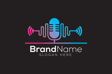 Microphone with colorful sound waves logo design template