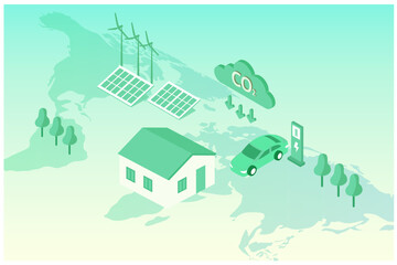 Green energy and earth day concept, CO2 carbon emissions reduction and ecology environmental with solar panel, wind turbines,  EV car  vector illustration
