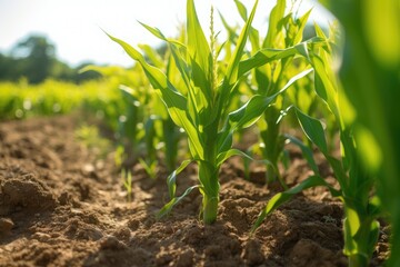 Fototapeta premium Agriculture, Growing sweetcorn in field. Generative Ai