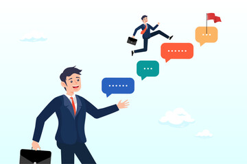 Businessman jump on speech bubble advice to success, advice or effective feedback to motivate to success, comment, opinion for career improvement, help or communication to support employee (Vector)