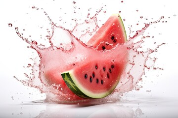 Watermelon and juice splash isolated on white background. Generative Ai