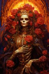 Skeleton is adorned with roses and candles, in the style of realistic hyper-detailed portraits
