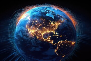 "Global Communication": A composite image of the Earth with digital lines connecting major cities, symbolizing global connectivity. 