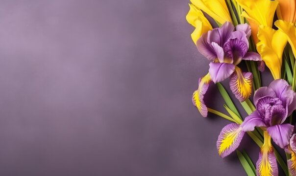 Fresh bunch of purple and yellow flowers with copy space