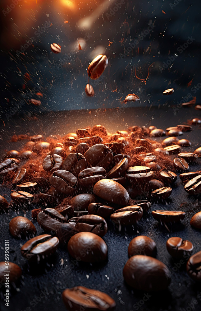 Wall mural nuts falling from the top to the bottom on a dark surface, with an orange light shining in the background