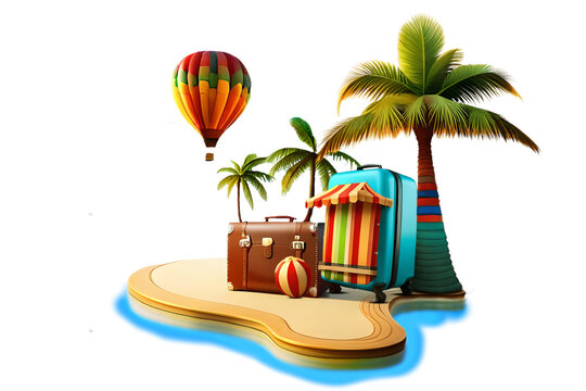 3d illustration suitcase with on the beach island travel vacation tourist summer holiday idea concept, isolated on white and transparent background