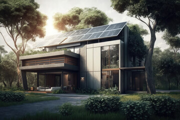 Elegant house with solar panels and tree-shaded facade, generative AI