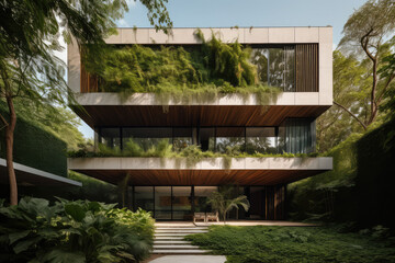 Obraz na płótnie Canvas Elegant house with solar panels and tree-shaded facade, generative AI