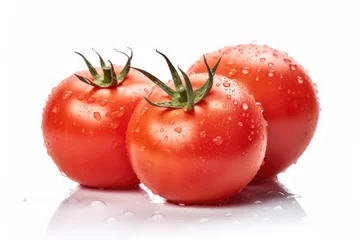 Fotobehang Fresh tomatos with water droplets isolated on white background. Generative Ai © tong2530