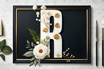 Blooming Letter R: Enchanting Floral Collection - Ivory Blossoms, Gilded Foliage, and Botanical Delights. Perfect for Weddings, Celebrations, and Joyous Occasions. Featuring Roses, Peonies
