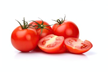 Fototapeta premium Fresh Red Tomato and sliced tomatoes with water droplets isolated on white background. Generative Ai