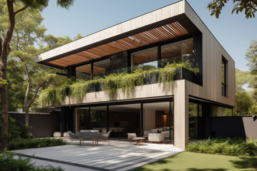 Fototapeta na wymiar Elegant house with solar panels and tree-shaded facade, generative AI