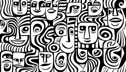 Joyful abstract human faces, banner or background, one color.