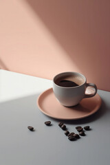 A coffe and beans on a table, lights and shadows, pastel colors. Generative AI. 