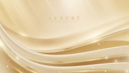 Cream colored luxury background with golden elegant ribbon with light effect with bokeh decoration.