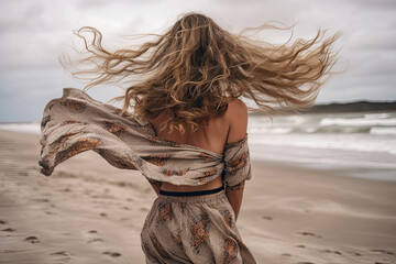 a woman standing on the beach with her hair blowing in the wind she is wearing a long sleeved dress