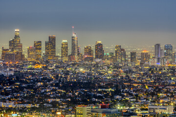 The skyline of downtown Los Angeles at night