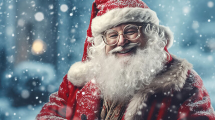 Santa Claus with a big bag of gifts in eyeglasses