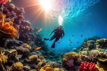 Naklejka na ściany i meble a scuba diver in the great barrier reef, bahamas islands, british virgin islands, caribbean islands, united states stock photo
