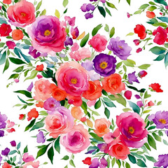 Loose Watercolor Floral Seamless Pattern Pink Purple Red Flowers on White. Wallpaper Design for Textiles, Interior, Clothes, Wedding Invitations, Postcards, Greetings. AI Generated