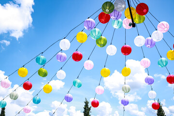 Fototapeta na wymiar Colorful chinese lanterns with blue sky background