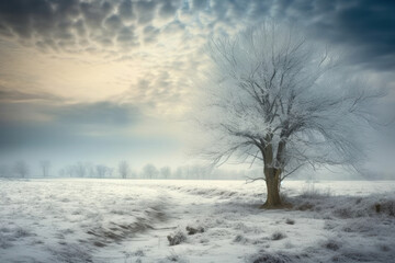 Snowy landscape. Trees standing in a field of powdery snow give off a melancholy atmosphere,Generative AI.