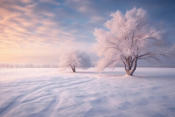 Snowy landscape. Trees standing in a field of powdery snow give off a melancholy atmosphere,Generative AI.