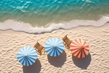  two beach loungers with a couple under an umbrella holding hands, top view,Generative AI.