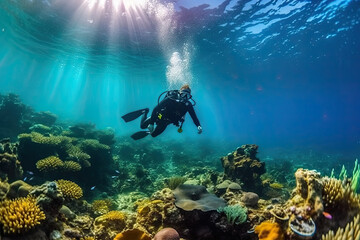 a scuba diver in the great barrier reef, grand cayman island, british virgin islands, caribbean islands, canada stock photo