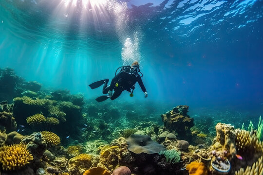 a scuba diver in the great barrier reef, grand cayman island, british virgin islands, caribbean islands, canada stock photo