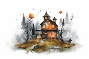 Fototapeta na wymiar Spooky haunted house with fog and pumpkins