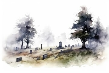 Mysterious fog enveloping a graveyard or eerie setting 