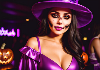 A beautiful girl at a party in a nightclub in honor of Halloween. A woman at a costume party. Generative AI