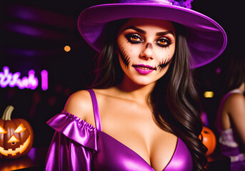 Fototapeta premium A beautiful girl at a party in a nightclub in honor of Halloween. A woman at a costume party. Generative AI