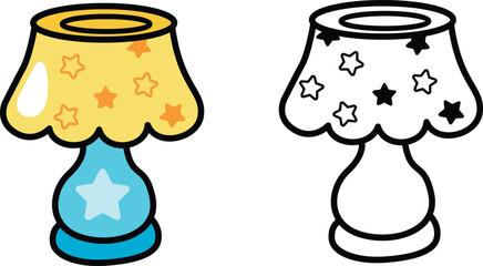 Illustration of isolated colorful and black and white lamp for coloring book