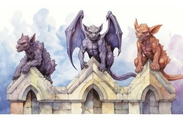Fototapeta na wymiar Gargoyles perched on buildings or guarding entrances Watercolor.