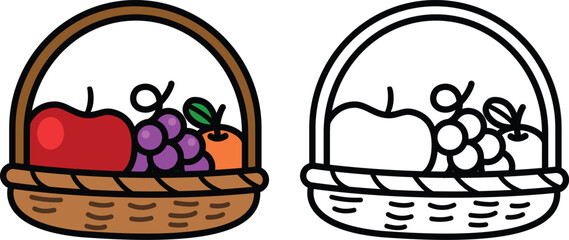 Illustration of isolated colorful and black and white fruit in the basket for coloring book