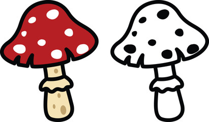 Illustration of isolated colorful and black and white mushroom