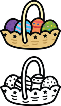 Illustration of isolated colorful and black and white  basket with easter eggs