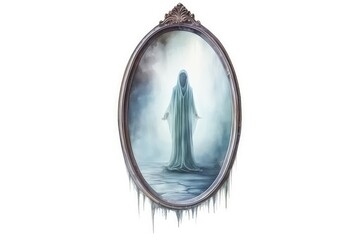A haunted mirror reflecting a ghostly figure instead of the viewer.